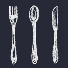 Set of spoon, fork, knife againct chalkboard. Siverware. Cafe. Food. - 139942122