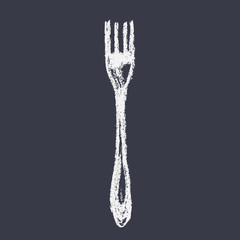 Sketch of a fork against chalkboard painted by chalk. Symbol of cafe.
