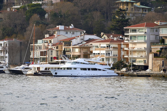 Luxury yachts on the Bosphorus Strait, Istanbul in Turkey.
