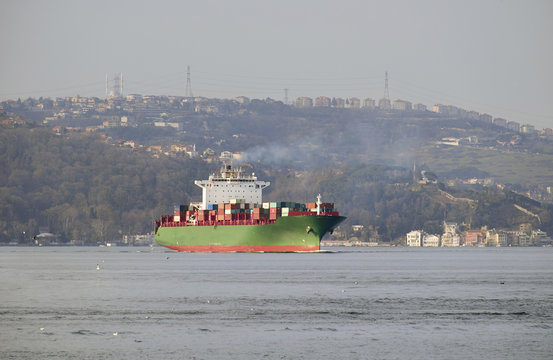Large container ship on the Bosphorus, Istanbul, Turkey.