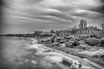 seaport in the winter, sea ice, nature background