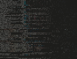Corrupted source code. Modern vector illustration about computer security. Abstract ascii glitch background. Fatal programming error. Buffer overflow problem. Random signal error. Element of design. - obrazy, fototapety, plakaty