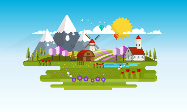 Spring Landscape Vecor Illustration.