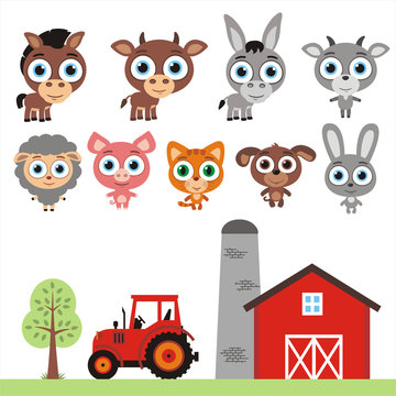 Farm animals set in cartoon style. Isolated funny farm animals on white background.
