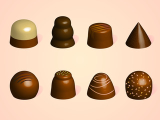 Set of chocolate candies. Different forms of candies. Candies from dark, milk and white chocolate on pink background