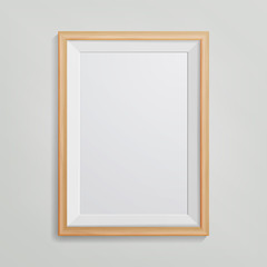 Realistic Photo Frame Vector. 3d Empty Wood Blank Picture Frame, Hanging On White Wall From The Front. Vintage style. Retro Photo Frame Template. Design Template For Mock Up.