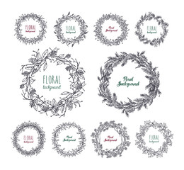 floral wreaths set. hand drawn frames collection.