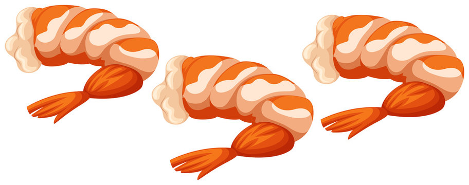 Three cooked shrimps on white background