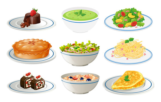Different kinds of food on white plates