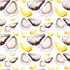 Seamless background design with oysters and lemons