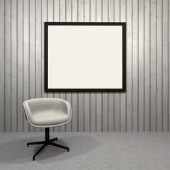 3d interior rendering of picture frame with modern armchair on gray background
