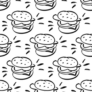 Seamless pattern with burger. Hand drawing of black ink on a white background. Vector Image.  It can be used for menu, packaging, wrapping paper and other promotional marketing materials.