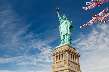 Fototapeta premium Statue of Liberty with blooming cherry on foreground, New York