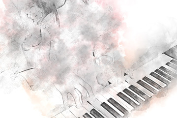 Hand on the keyboard of the piano on watercolor background, Watercolor painting 