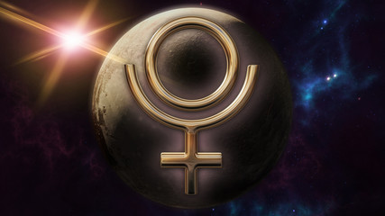 Pluto zodiac horoscope symbol and planet. 3D rendering