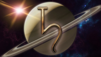 Saturn zodiac horoscope symbol and planet. 3D rendering © fredmantel