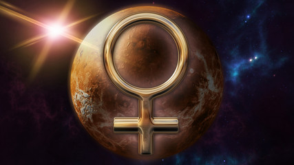 Venus zodiac horoscope symbol and planet. 3D rendering - obrazy, fototapety, plakaty