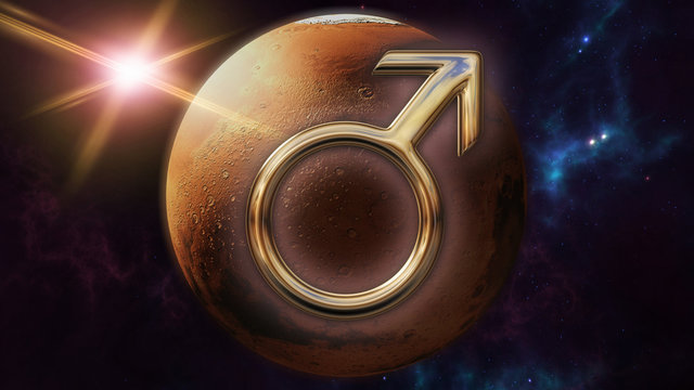Mars zodiac horoscope symbol and planet. 3D rendering