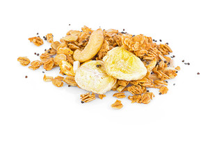 Oat chia seeds Granola and banana  breakfast cereal isolated on white background