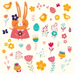Deurstickers Pasen-illustratie met weinig grappig konijntje en decoratieve elementen © moleskostudio