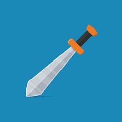 Sword icon in flat style isolated on blue background. Arms vector illustration