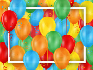 Fototapeta na wymiar Blank card with frame, balloons and streamers