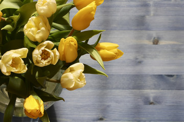 Bunch of yellow tulips on grey background