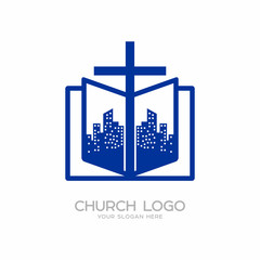 Church logo. Christian symbols. The cross of the Lord and Savior Jesus Christ, the city and the Bible.