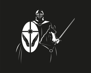 A knight in armor with a shield and a sword on a horse. Vector illustration in the style of black and white graphics.