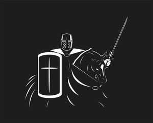 A knight in armor with a shield and a sword on a horse. Vector illustration in the style of black and white graphics.