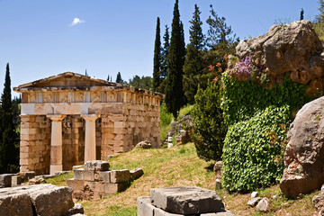 Fototapeta na wymiar Athenian Treasury at Delphi, Greece. Doric architecture. Made of Parian marble.