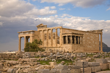 Fototapeta premium Muses at the Acropolis, adjacent to the Parthenon in Athens, Greece. Porch of the Caryatids.