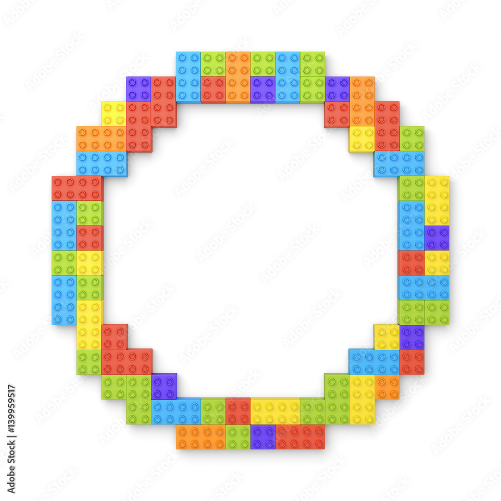 Poster 3d rendering of many building blocks in different colors making up one hollow round shape in top vie