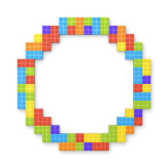 3d rendering of many building blocks in different colors making up one hollow round shape in top view.