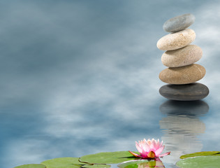 Image of stones and lotus flower on the water.