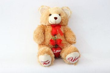 Brown teddy bears and red roses on a white background.