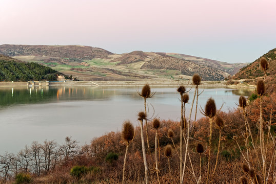 Occhito lake and dam at sunset (Italy)