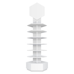 Hexagon, Hexagonal POS POI Cardboard Floor Display Rack For Supermarket Blank Empty. Mock Up. Illustration Isolated On White Background. Ready For Your Design. Product Advertising. Vector EPS10