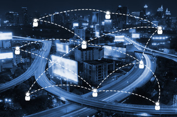 social media connection icon on night city background, network connection and technology concept, color tone effect.