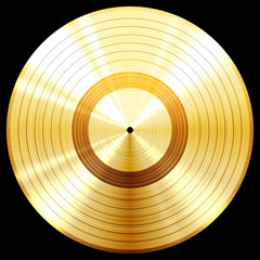 Gold record music disc award isolated on black background.