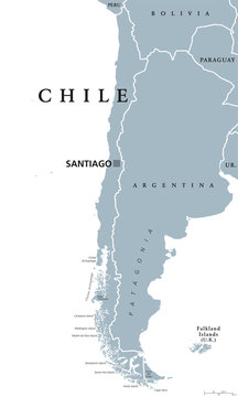 Chile political map with capital Santiago, national borders and neighbors. Republic and country in South America. Long, narrow strip of land. Gray illustration over white. English labeling. Vector.