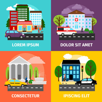 City concepts vector illustration. Residential areas and business buildings, municipality service sector