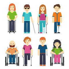 Disabled people isolated on white background. Disability person set vector illustration