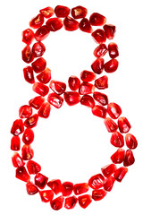 The number eight pomegranate seeds isolated on white background. For the design of education or diet