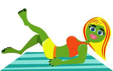 Cartoon attractive monster girl laying on a blanket.