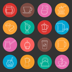 Colorful coffee thin line vector icons set