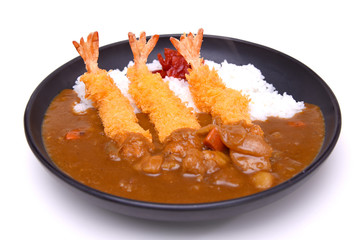 Ebi Fried Curry Rice , Deep Fried Prawn with Japanese Curry style on rice isolated on white background with clipping path