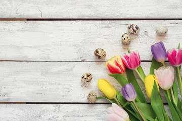 White wooden Easter background with tulips and eggs