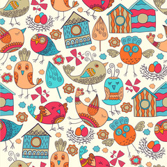 Colorful doodle seamless pattern with birds.
