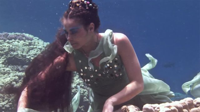 Underwater model free diver poses for camera on background of corals in Red Sea. Filming a movie. Young girl smiling. Extreme sport in marine landscape, coral reefs, ocean inhabitants.